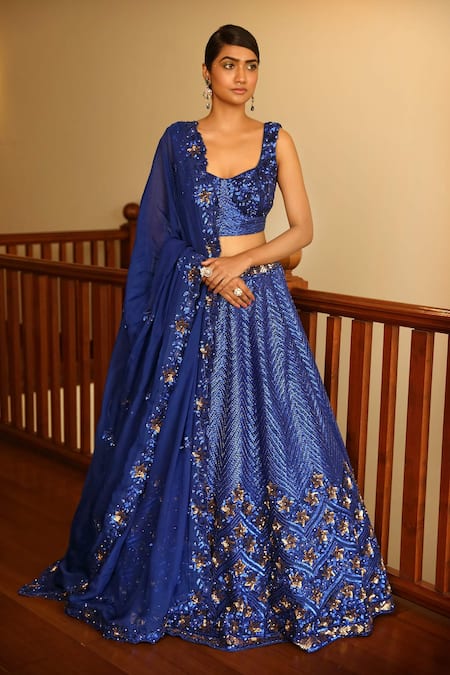 Miku Kumar_Blue Silk, Satin, Organza Sequins, Hand Chevron Pattern Bridal Lehenga Set _Online_at_Aza_Fashions