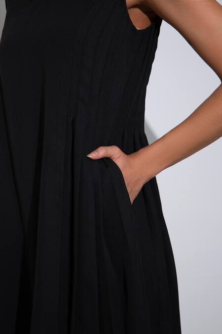 Pocketful Of Cherrie_Black Crepe V-neck Sleeveless Side Pleated Dress_Online_at_Aza_Fashions