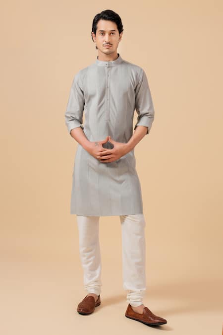 Raghavendra Rathore Blue_Grey Silk, Cotton Embroidery Pintuck Detail Kurta Set _Online_at_Aza_Fashions