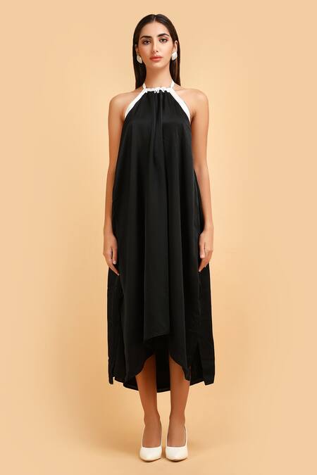 Label Ivish_Black Silk, Satin Halter Neck Tent Dress _Online_at_Aza_Fashions