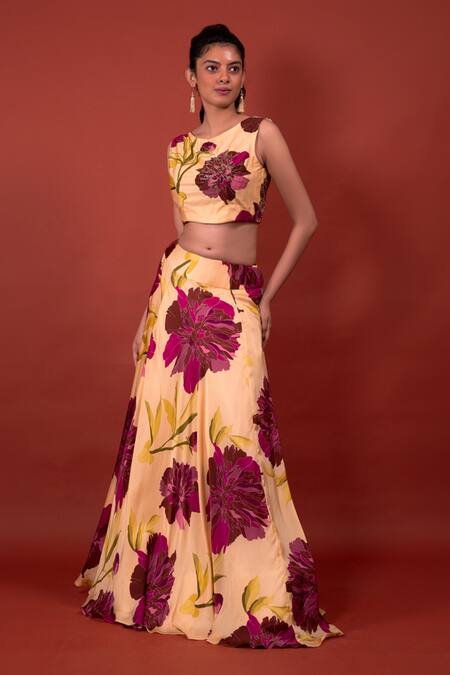 Rimi Nayak_Beige Modal, Silk Embroidery Chrysanthemum Flower Print Lehenga Skirt _Online_at_Aza_Fashions