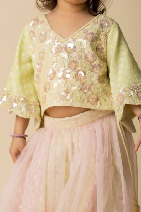 Mini Trails_Yellow Organza, Chanderi, Cotton, Nylon Sequins Floral Print Lehenga Set_Online_at_Aza_Fashions