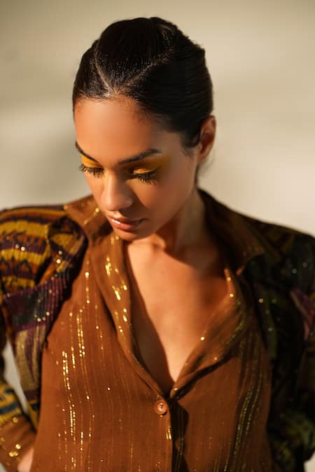 Nikita Mhaisalkar_Brown Lurex, Georgette Embroidery Collared Geometric Print Shirt _Online_at_Aza_Fashions