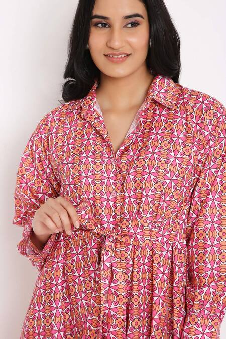 Bha Sha_Pink Corduroy, Linen Collared Pluto Printed Shirt Dress_Online_at_Aza_Fashions