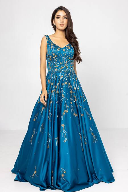 Sartoriale Blue Satin, Polyester Embroidery V-neck Floral Motifs Gown Online at Aza Fashions Sartoriale_Blue Satin, Polyester Embroidery V-neck Floral Motifs Gown_Online_at_Aza_Fashions