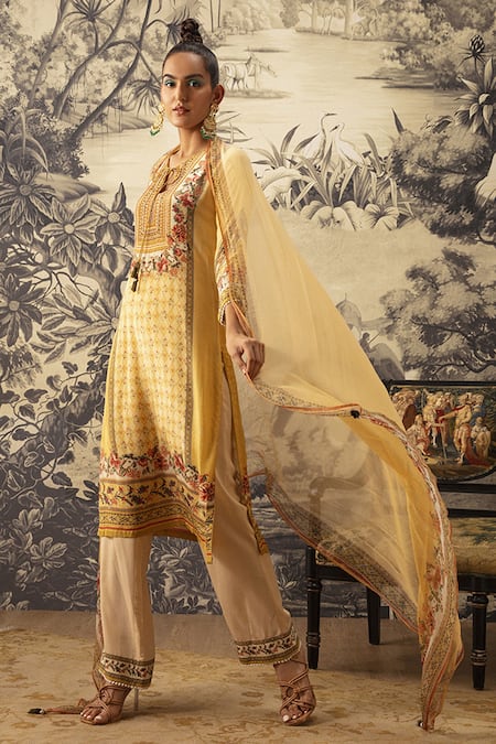 Kalista Yellow Crepe, Georgette Embroidery, Cut Work, Asmee Printed Straight Kurta Set Online at Aza Fashions Kalista_Yellow Crepe, Georgette Embroidery, Cut Work, Asmee Printed Straight Kurta Set _Online_at_Aza_Fashions