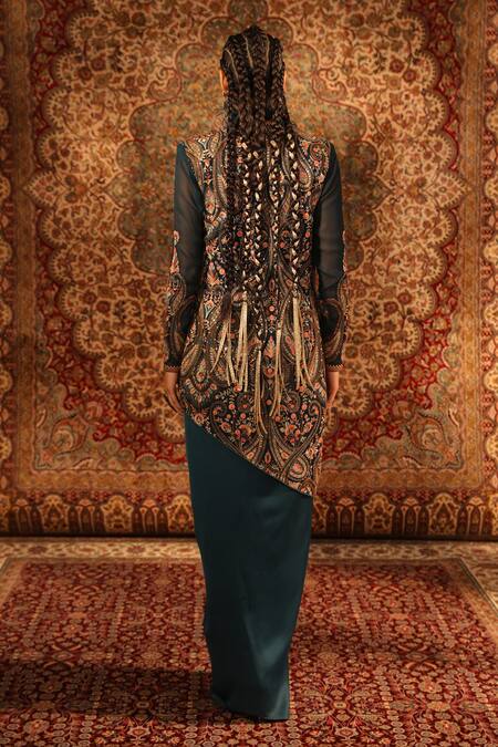Aditi Gupta_Green Satin Woven And Embroidered Jamawar Pattern Asymmetric Draped Skirt Set _Online_at_Aza_Fashions