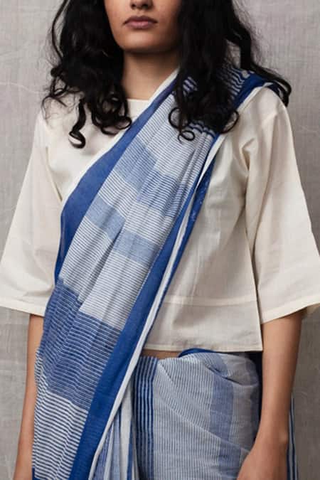 Banana Labs Blue Cotton Stripe Round Printed Saree With Crop Top Online at Aza Fashions Banana Labs_Blue Cotton Stripe Round Printed Saree With Crop Top _Online_at_Aza_Fashions
