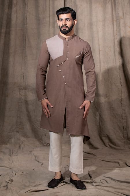 Shreyansh Designs_Brown Cotton Linen Blend Solid Overlap Full Sleeve Kurta _Online_at_Aza_Fashions