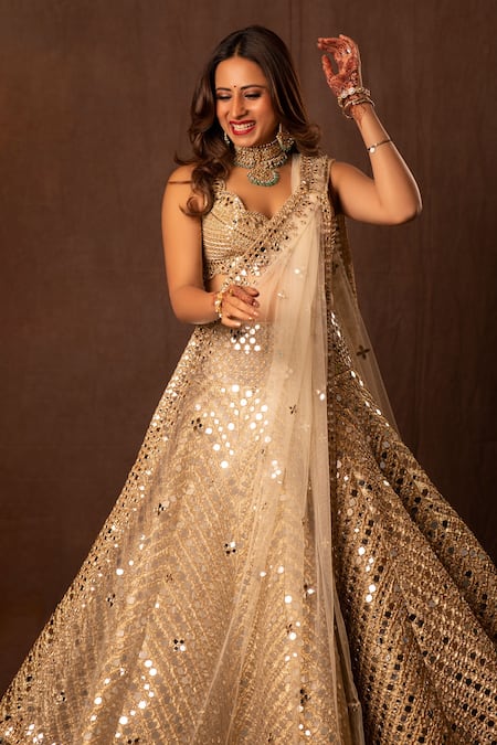 Abhinav Mishra_Gold Net Gota, Mirror, Zari Scoop Neck Embroidered Bridal Lehenga Set_Online_at_Aza_Fashions