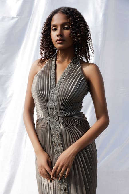 Zwaan_Grey Organza, Satin Beads V-neck Pleated Gown_Online_at_Aza_Fashions