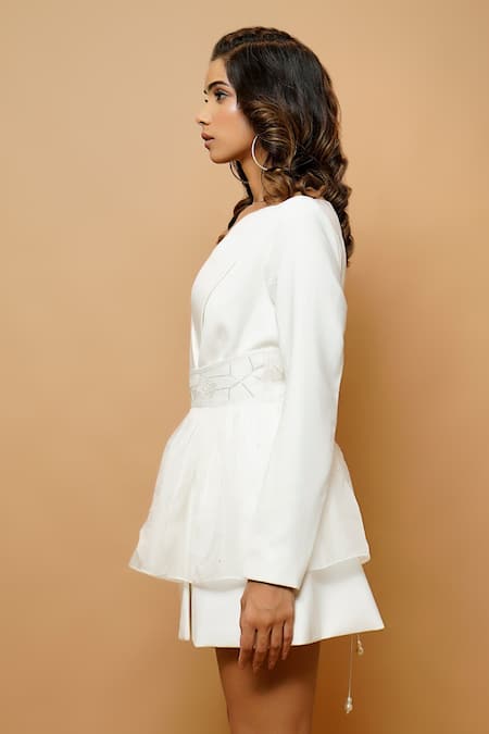 Ahi Clothing_White Organza, Imported Luxury Crepe, Lining Jacket Dress With Embroidered Belt _Online_at_Aza_Fashions
