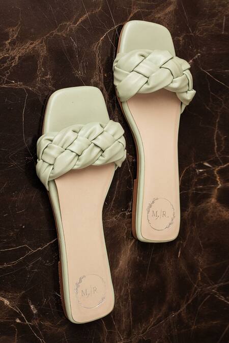 Myra_Green Plain Leather Twisted Braid Flats_Online_at_Aza_Fashions