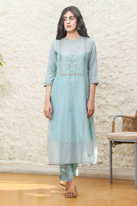 Tatwa_Blue Handloom Cotton, Viscose, Silk Embroidery Round Chanderi Kurta And Pant Set _Online_at_Aza_Fashions