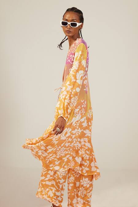 Amka_Orange Crepe Cut Work, Embroidery Round Neck Floral Stripe Printed Kurta Set_Online_at_Aza_Fashions