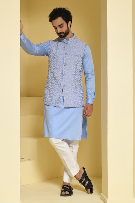Kustomeyes Blue Cotton, Silk Embroidery Geometric Bundi And Kurta Set Online at Aza Fashions Kustomeyes_Blue Cotton, Silk Embroidery Geometric Bundi And Kurta Set _Online_at_Aza_Fashions
