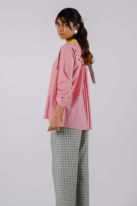 Tussah By Siddhi Shah Black Cotton Cut Work Round Neck Placed Shirt With Checkered Pant Online at Aza Fashions Tussah By Siddhi Shah_Black Cotton Cut Work Round Neck Placed Shirt With Checkered Pant _Online_at_Aza_Fashions