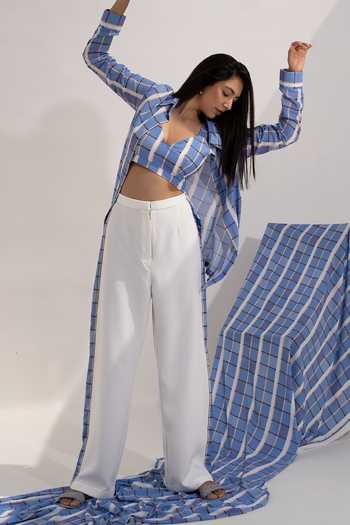 Kritika Madan Label_Blue Royal Georgette Printed Checkered  Collar Pant Set_Online_at_Aza_Fashions