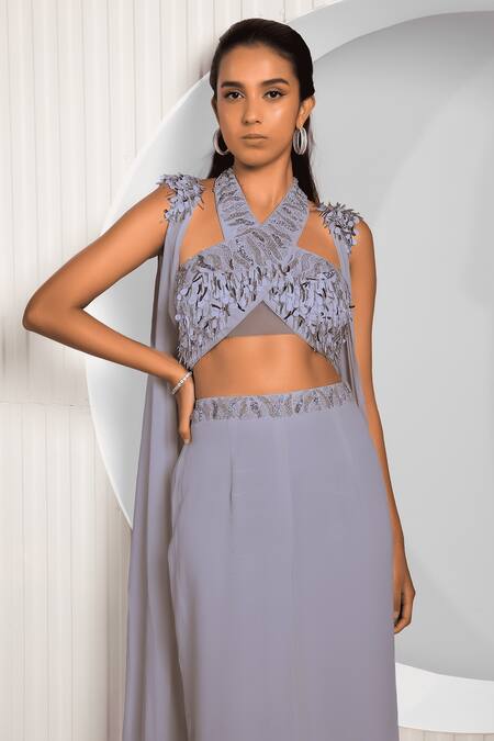 Jade By Ashima_Purple Crepe Beads, Pearls Square Neck, Halter Fennel Embroidered Shrug Pant Set _Online_at_Aza_Fashions