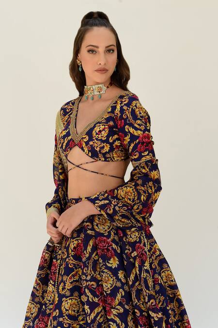 Buy_Sanam_Blue Silk Embroidery V-neck Versailles Floral Pattern Blouse Lehenga Set _Online_at_Aza_Fashions
