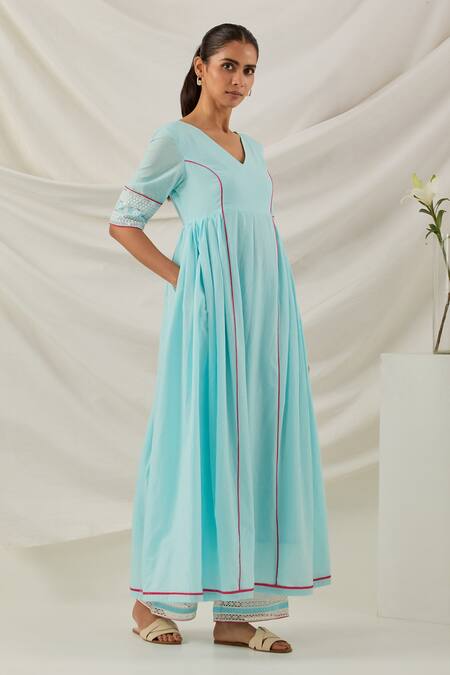 The Indian Cause_Blue Cotton Embroidery V-neck Fit And Flare Anarkali With Palazzo_Online_at_Aza_Fashions