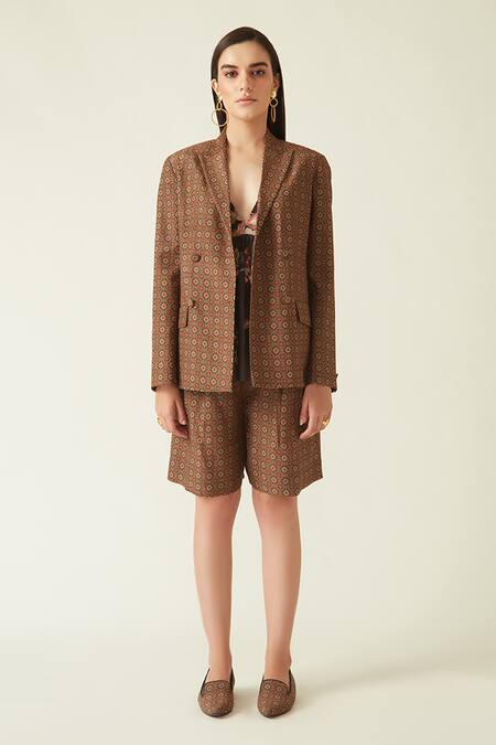 Payal Pratap Brown Cupro Muga Silk Printed Floral Dempo Shorts Online at Aza Fashions Payal Pratap_Brown Cupro Muga Silk Printed Floral Dempo Shorts _Online_at_Aza_Fashions