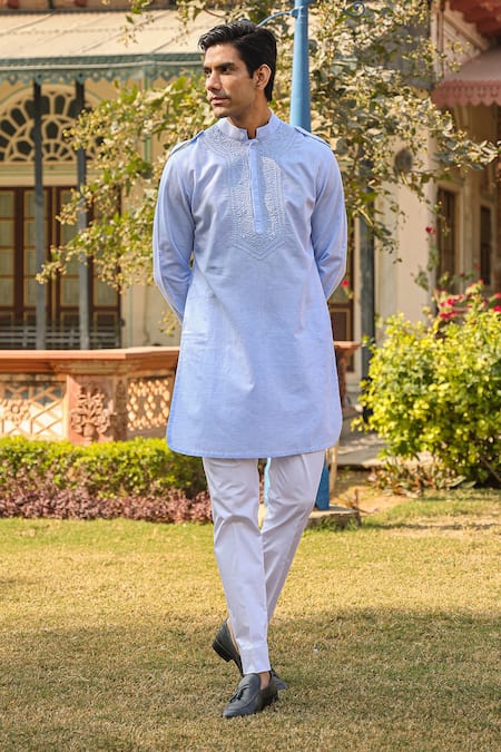Raw & Rustic By Niti Bothra_Blue Silk Embroidery Lucknowi Kurta _Online_at_Aza_Fashions