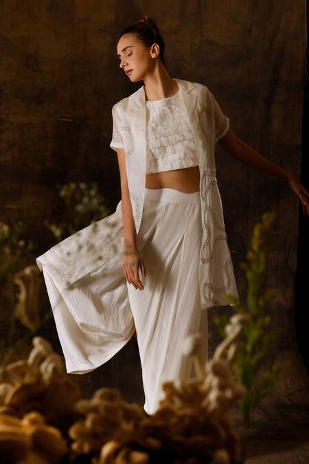 Eclat By Prerika Jalan_Ivory Organza, Satin, Crepe, Muslin Cut Work, Embroidery Jacket Pant Set _Online_at_Aza_Fashions