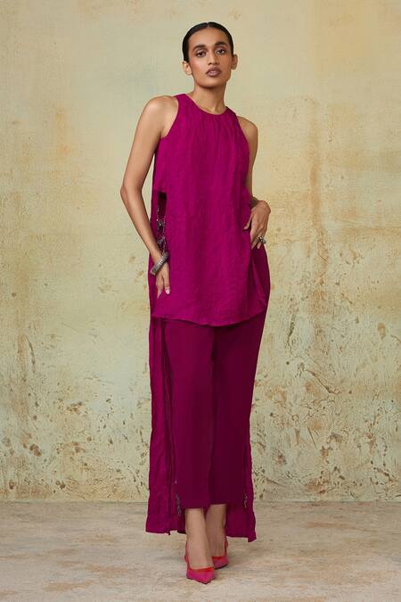 Style Junkiie_Magenta Heavy Georgette Embellished Beaded Lace Slit Trousers _Online_at_Aza_Fashions