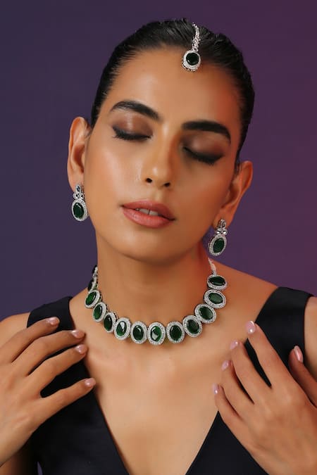 Swabhimann_Green Zari, Diamonds Zirconia Embellished Necklace Set_Online_at_Aza_Fashions