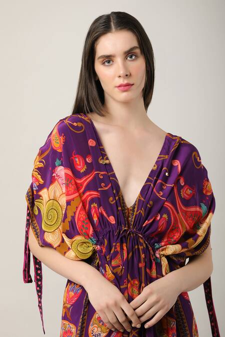 Limerick By Abirr N' Nanki_Multi Color Plunge Neck Lily Floral Print Kaftan _Online_at_Aza_Fashions