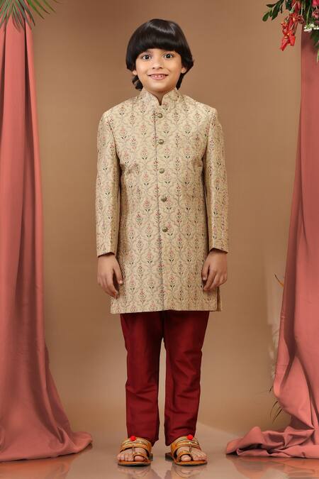 Kora By Nilesh Mitesh_Beige Silk Embroidery Zari Sherwani Set_Online_at_Aza_Fashions