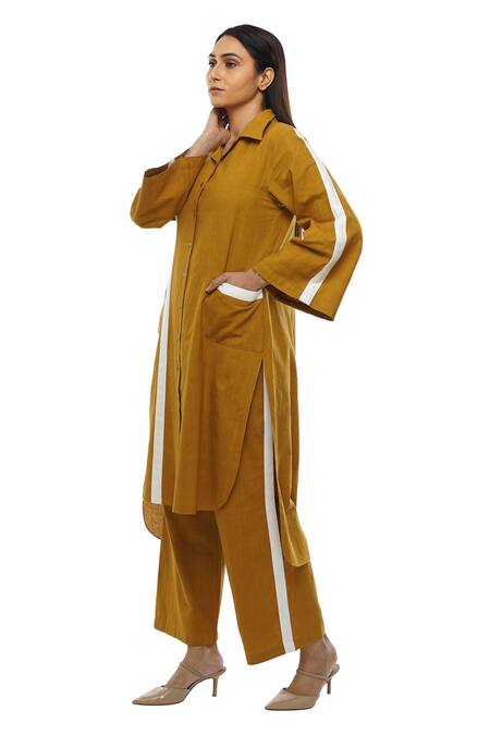 Khat Yellow Handloom Cotton Collared Notched Kurta And Palazzo Set Online at Aza Fashions Khat_Yellow Handloom Cotton Collared Notched Kurta And Palazzo Set _Online_at_Aza_Fashions