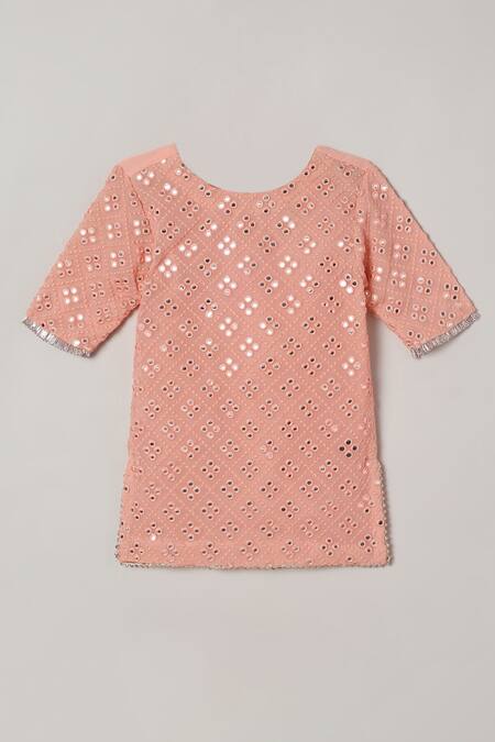 Byb Premium_Peach Georgette, Cotton Embroidery, Mirrors Kurta Sharara Set _Online_at_Aza_Fashions