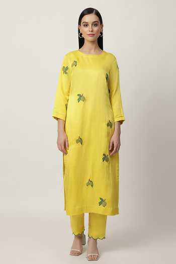 Musal Yellow Chanderi, Satin Embroidery Round Neck Leslie Fruit Kurta Pant Set Online at Aza Fashions Musal_Yellow Chanderi, Satin Embroidery Round Neck Leslie Fruit Kurta Pant Set _Online_at_Aza_Fashions