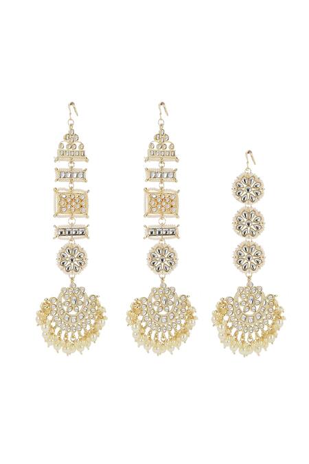 Ishhaara Gold Plated Beads, Pearls, Stones Kundan Geometric And Floral Motif Earrings Set Online at Aza Fashions Ishhaara_Gold Plated Beads, Pearls, Stones Kundan Geometric And Floral Motif Earrings Set _Online_at_Aza_Fashions
