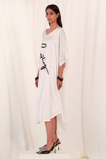 Buy_AK-OK_White Silk Printed Typographic V Neck Kaftan Dress  _Online_at_Aza_Fashions