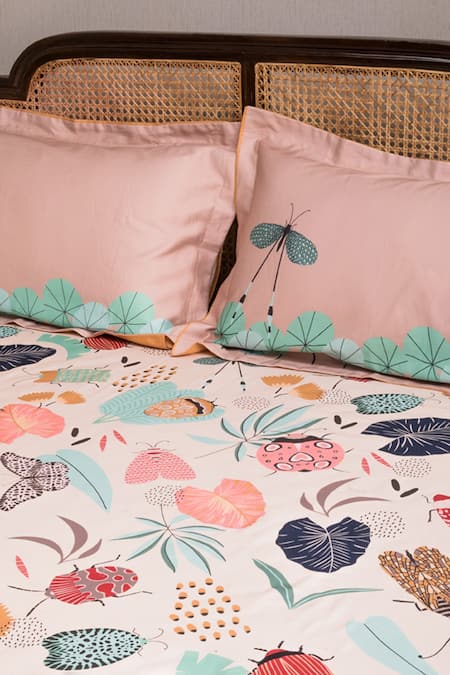 Kyoona_Pink 100% Cotton, Satin Weave Flora And Fauna Forest Of Adventures Bedsheet Set_Online_at_Aza_Fashions