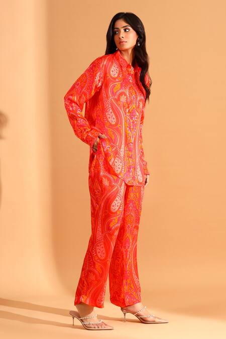 Moh India_Coral Cupro And Copper Silk Paisley Trouser _Online_at_Aza_Fashions