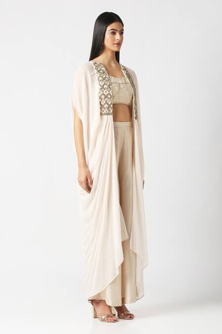 Labbada Ivory Cape Viscose Georgette Hand Embroidered Marodi And Brocade Palazzo Set Online at Aza Fashions Labbada_Ivory Cape Viscose Georgette Hand Embroidered Marodi And Brocade Palazzo Set_Online_at_Aza_Fashions