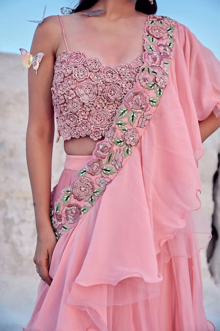 Nikita Vishakha_Pink Organza, Net, Georgette, Jacquard Zari, Ruffled And Layered Skirt Set _Online_at_Aza_Fashions