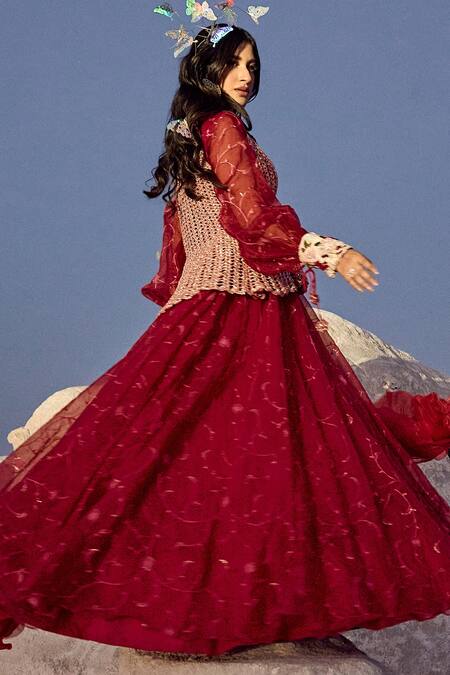 Nikita Vishakha_Red Jersey Embroidery V-neck Cuff Gown With Jacket _Online_at_Aza_Fashions