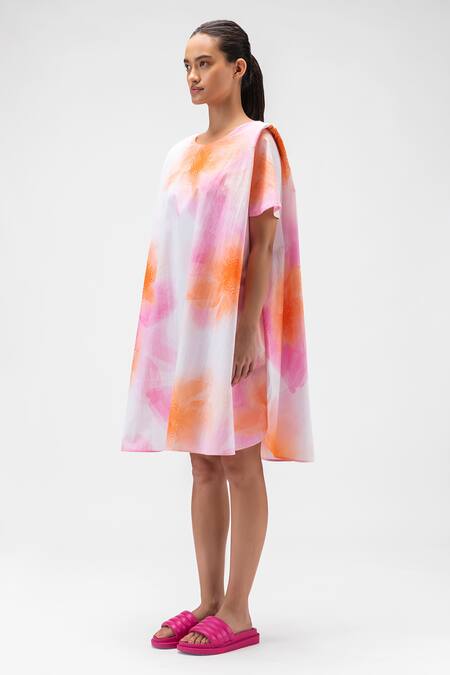 Genes Lecoanet Hemant White Cotton, Poplin Round Neck Ombre Flower Print Dress Online at Aza Fashions Genes Lecoanet Hemant_White Cotton, Poplin Round Neck Ombre Flower Print Dress_Online_at_Aza_Fashions