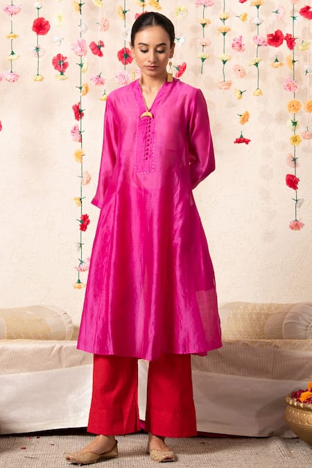 Marche_Pink Kurta  Chanderi, Pant  Cotton V Neck A-line And Set _Online_at_Aza_Fashions