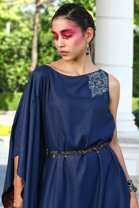 Shilpi Gupta_Blue Belt Viscose Crepe, Dress Georgette Floral Print, One Side Flared Sleeve_Online_at_Aza_Fashions