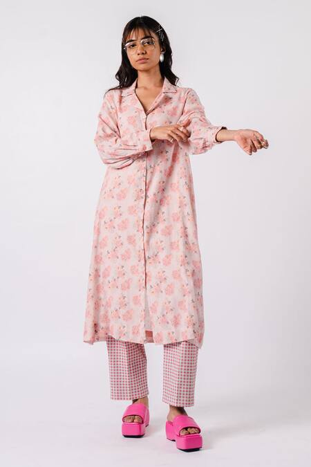 Tussah by Siddhi Shah_Peach Shirt Moss Cotton Printed Floral And Checkered & Pant Set  _Online_at_Aza_Fashions