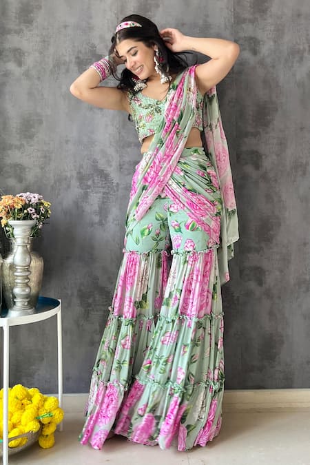 Sanam_Green Chiffon, Silk Sequins, Cut Nicolette Pre-draped Sharara Saree And Blouse Set _at_Aza_Fashions