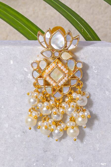 Namasya_Grey Pearls Mother Of Lotus Earrings _Online_at_Aza_Fashions