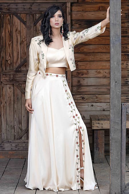 Ahi Clothing Cream Silk Satin Lining Shantoon Floral Block Print, Cropped And Lehenga Set Online at Aza Fashions Ahi Clothing_Cream Silk Satin Lining Shantoon Floral Block Print, Cropped And Lehenga Set _Online_at_Aza_Fashions