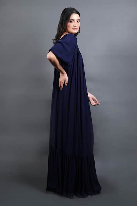 Swatee Singh_Blue Georgette One Shoulder Pleated Hem Gown _Online_at_Aza_Fashions